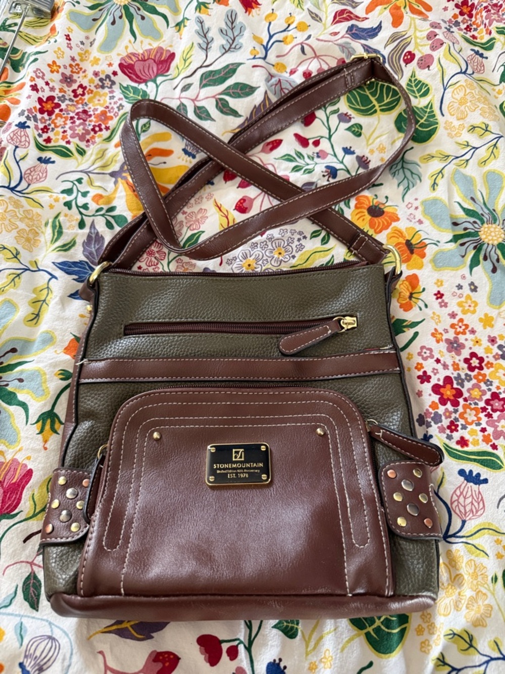 Stone Mountain Accessories Olive & Brown Leather Crossbody Bag with Gold Accents